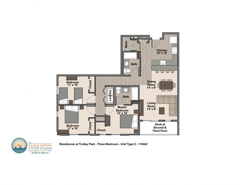Floor plan for 3 beds, 2 baths, 1154 sqft
